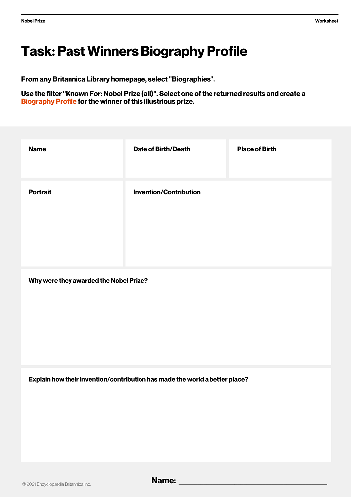 Past Winners Biography Profile Worksheet